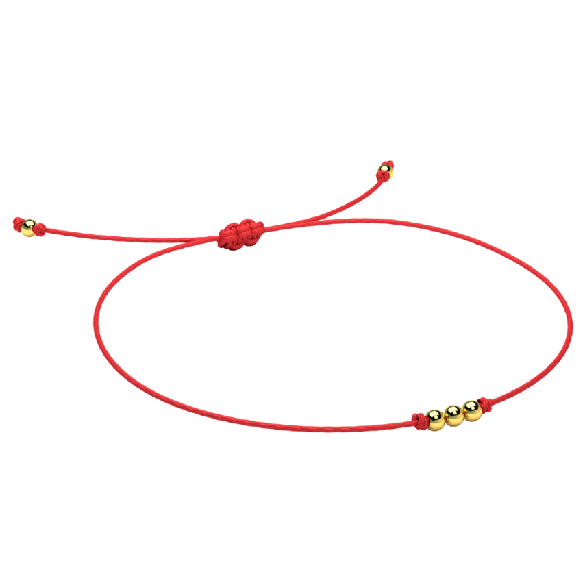 bransoletka na czerwonym sznurku z kuleczkami złotymi